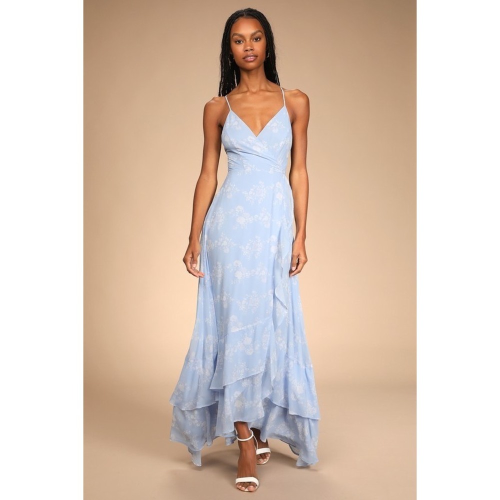 Lulus In Love Forever Light Blue Floral Lace-up High-low Maxi Dress - Size M